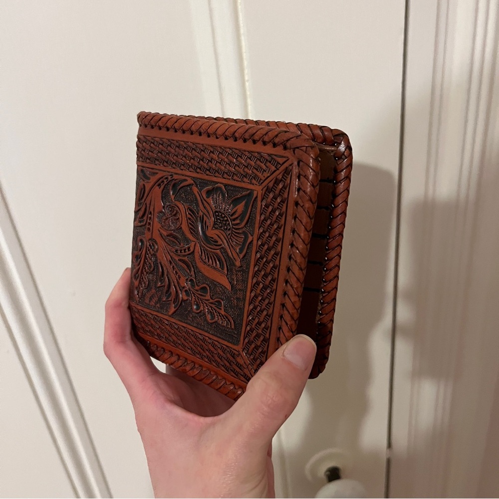 Hand Tooled Leather Wallet Made in Mexico Brown Floral Braided Like New